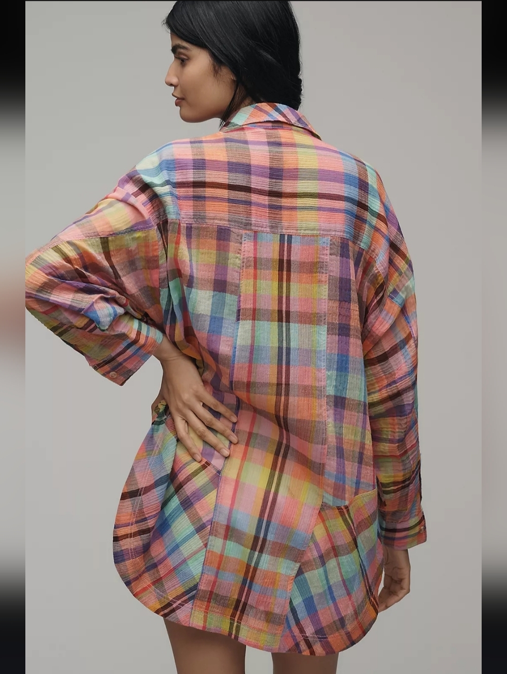 Pilcro Long-Sleeve Mixed Madras Plaid Oversized Buttondown Shirt Size XL Petite - Picture 2 of 11